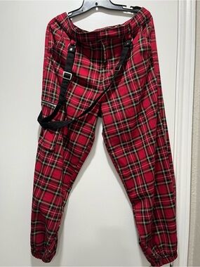 Hot Topic Red Plaid Goth Punk Emo Pants w/ Suspenders size 13
